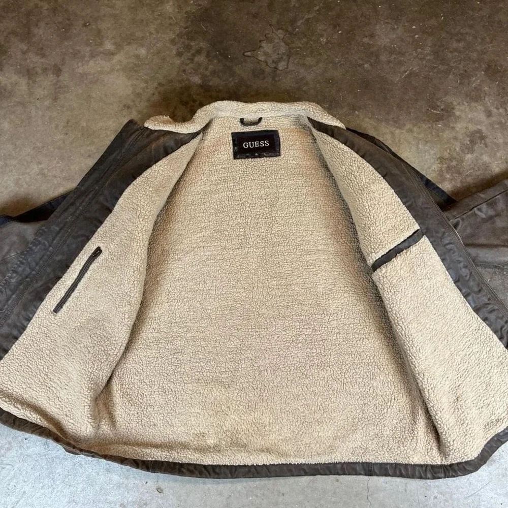 Guess Mens Faux Leather Sherpa Lined Bomber Jacket Brown XL‎ Moto Racing Stripe
